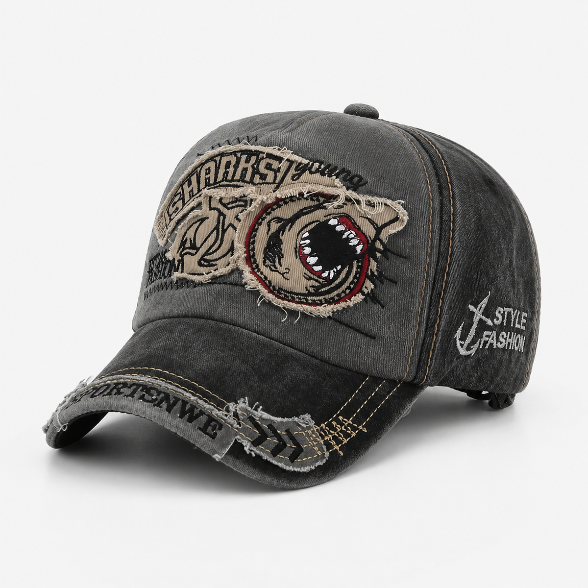 Casquette Vintage Requin Brodé Streetwear Grise