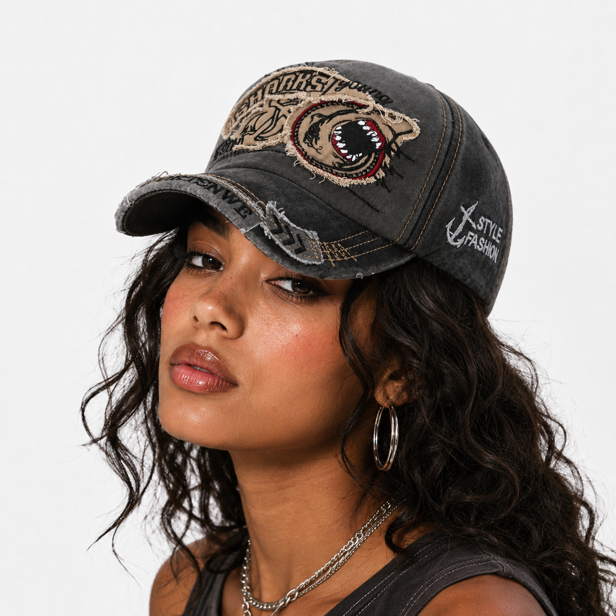 Casquette Vintage Requin Brodé Streetwear Grise