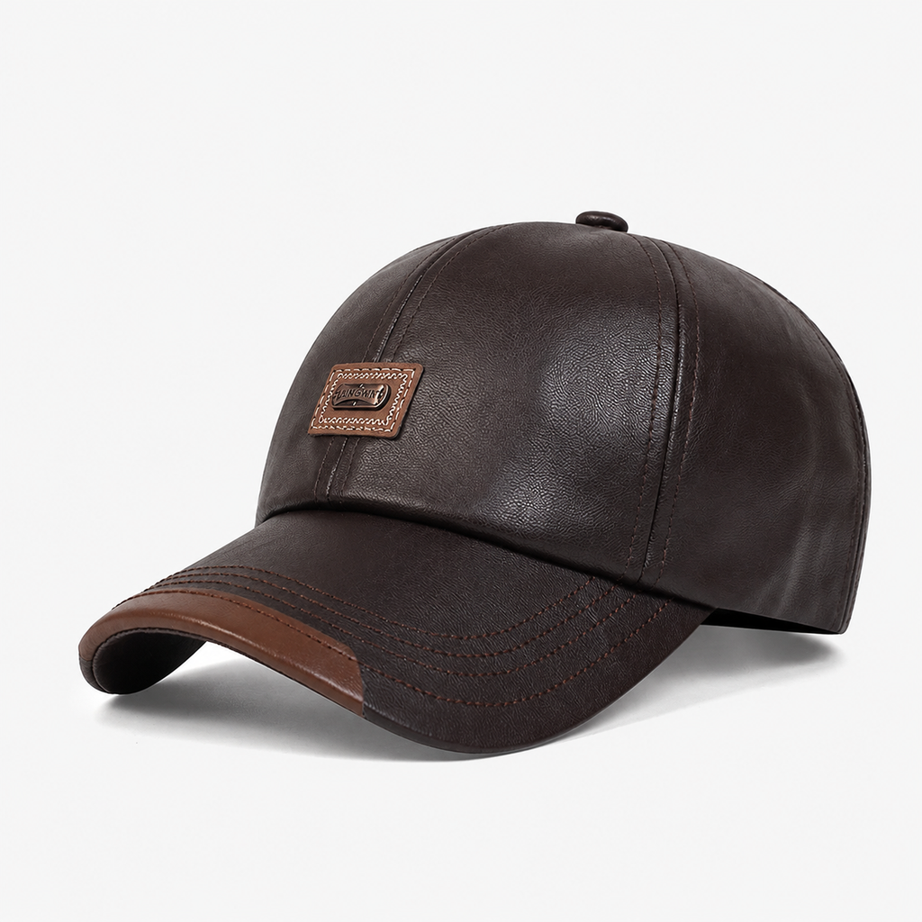Casquette de baseball réglable en similicuir marron foncé à écusson