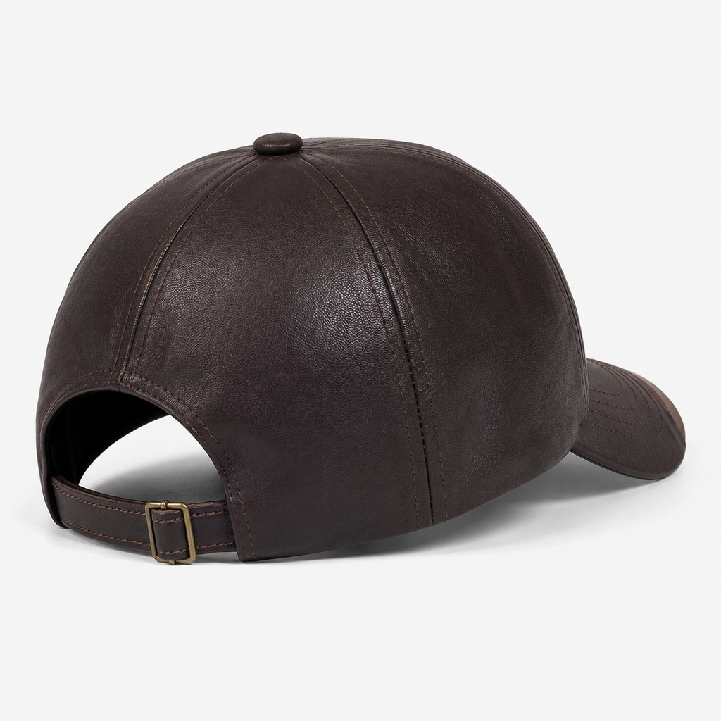 Casquette de baseball réglable en similicuir marron foncé à écusson
