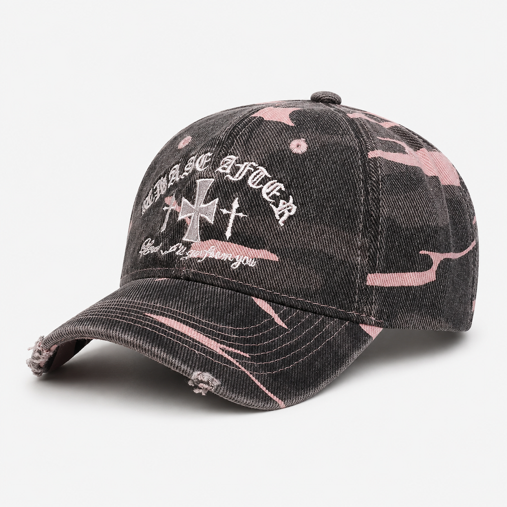Casquette Polyester Broderie Croix Gothique Camouflage Rose