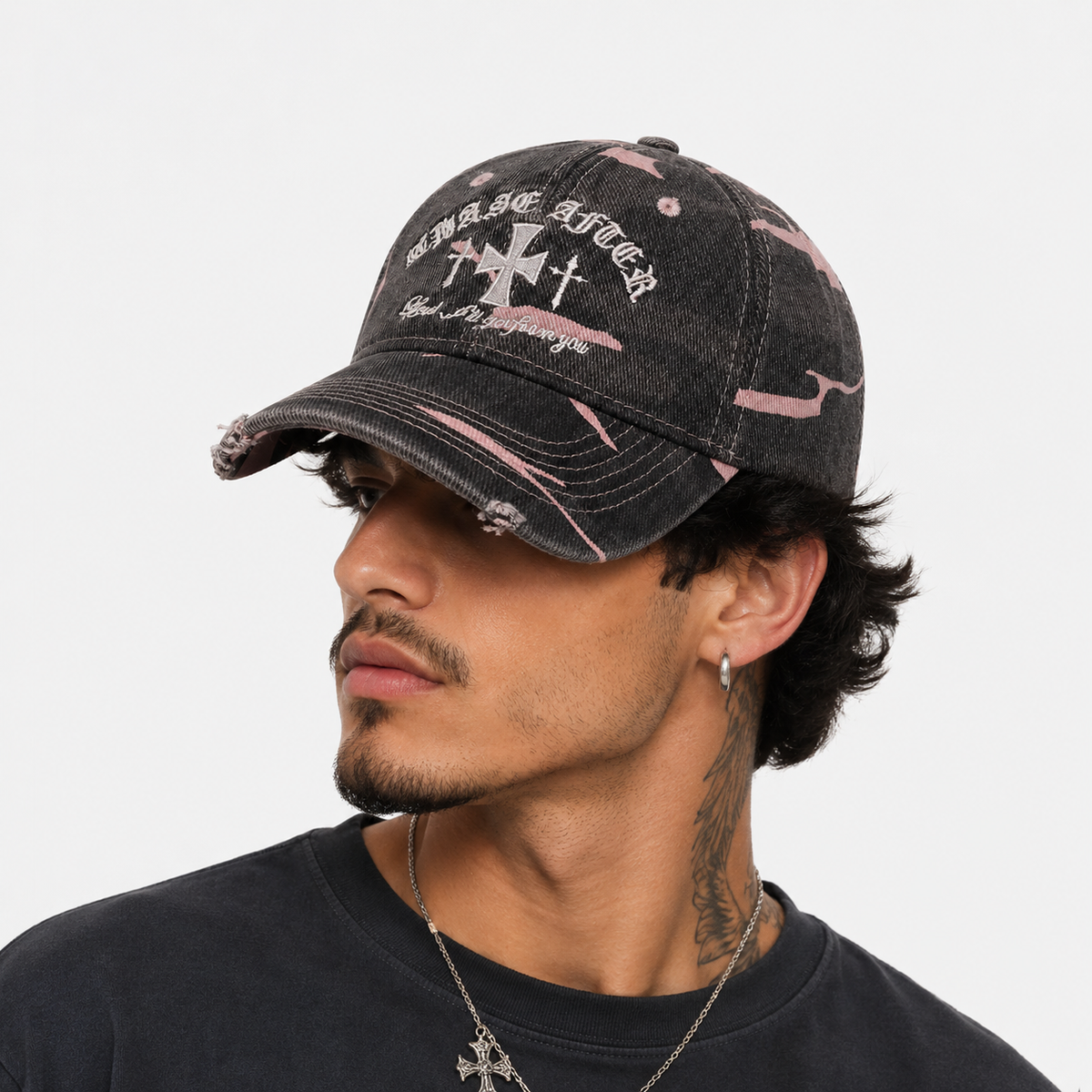 Casquette Polyester Broderie Croix Gothique Camouflage Rose