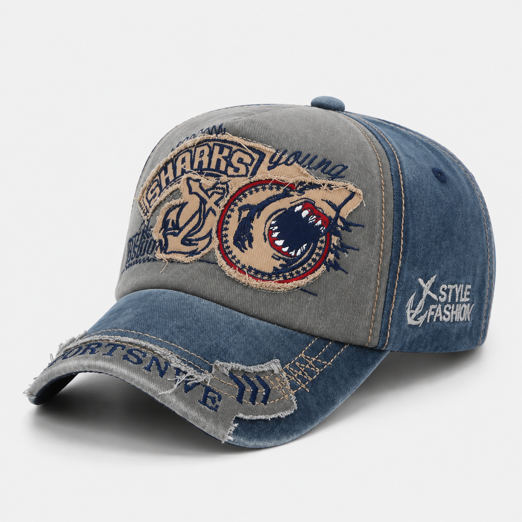 Casquette Baseball Broderie Requin En Coton Délavé