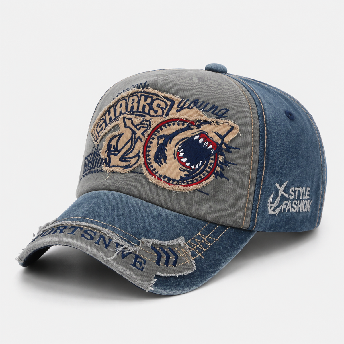 Casquette Baseball Broderie Requin En Coton Délavé