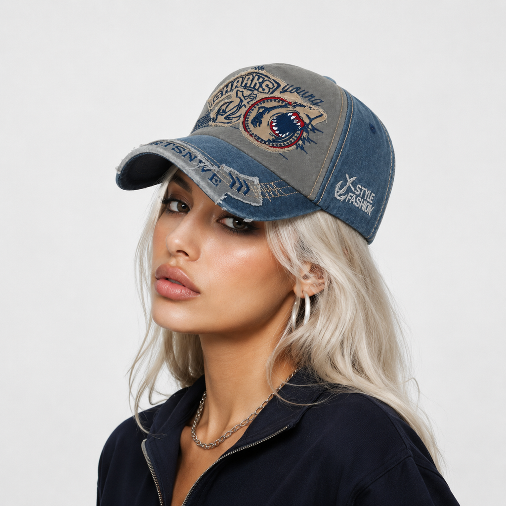 Casquette Baseball Broderie Requin En Coton Délavé