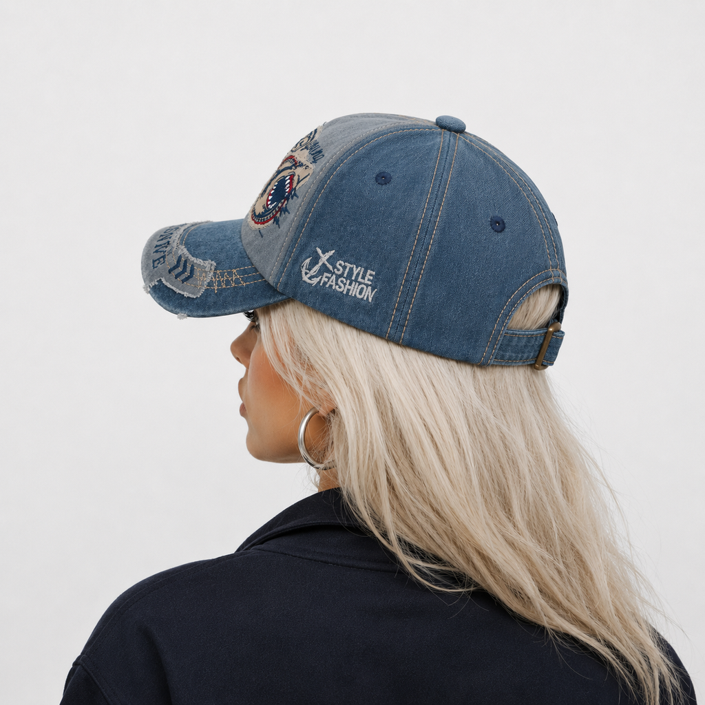 Casquette Baseball Broderie Requin En Coton Délavé