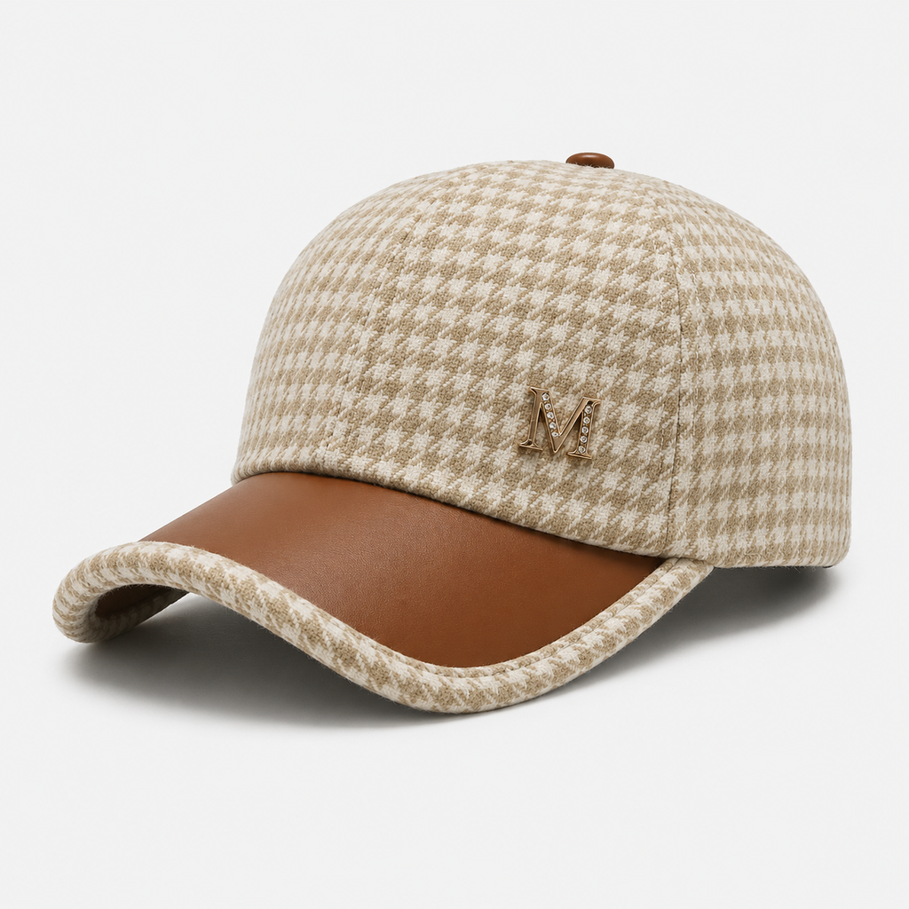Casquette Pied-de-Poule Beige Élégante