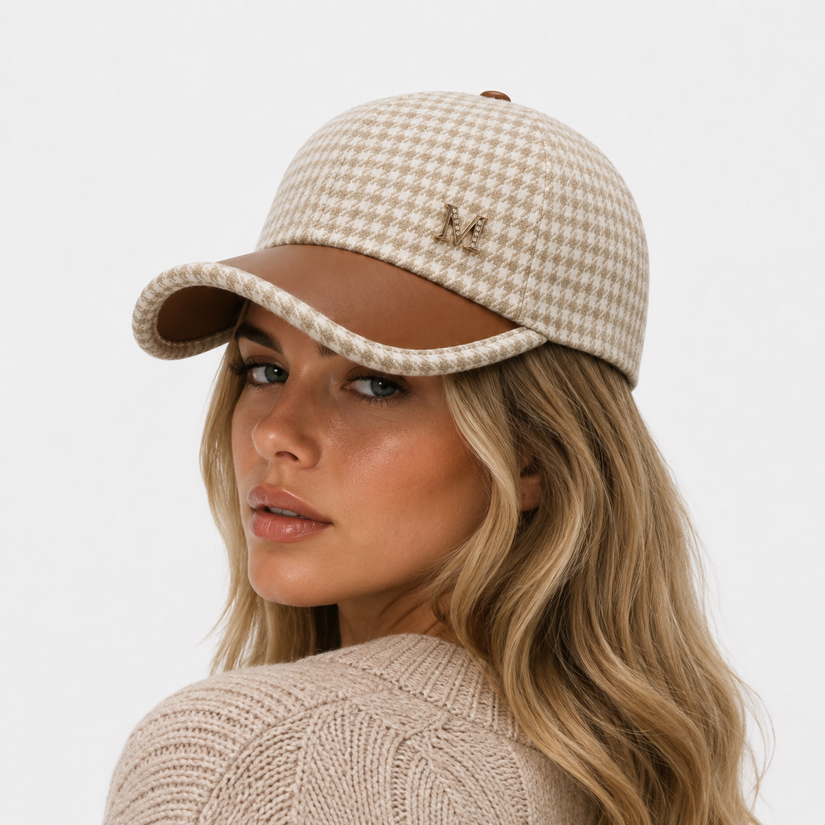 Casquette Pied-de-Poule Beige Élégante