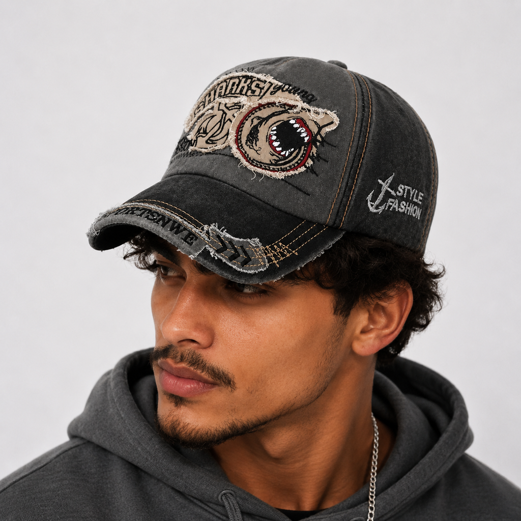 Casquette Vintage Requin Brodé Streetwear Grise