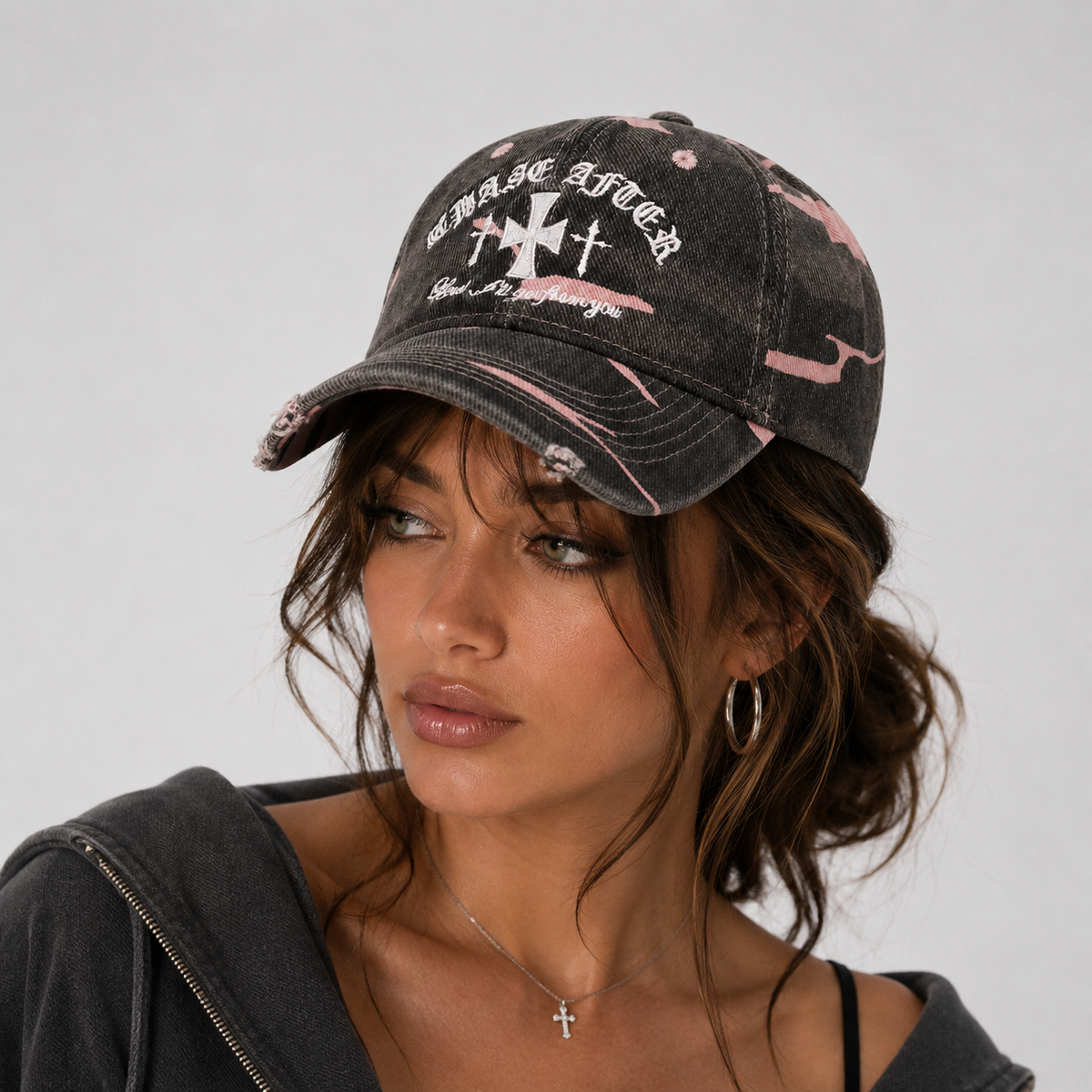 Casquette Polyester Broderie Croix Gothique Camouflage Rose