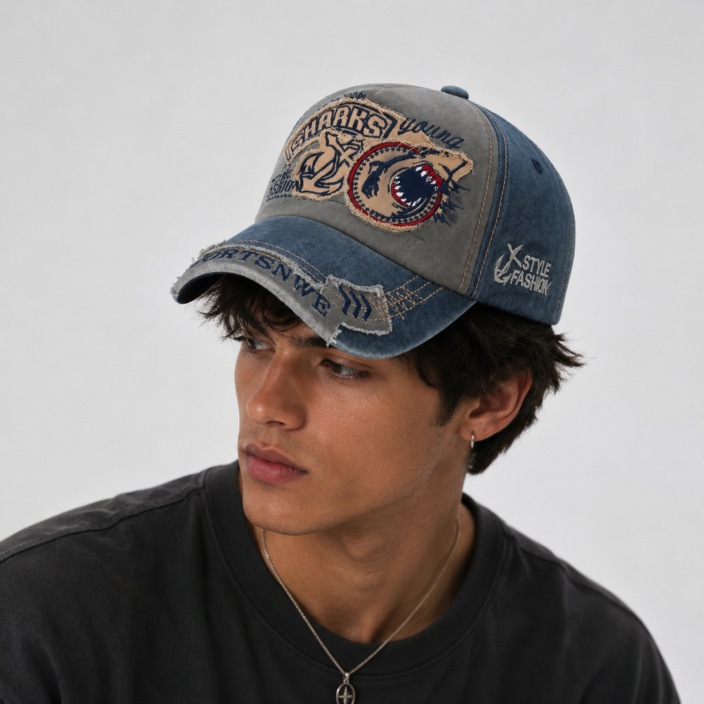 Casquette Baseball Broderie Requin En Coton Délavé