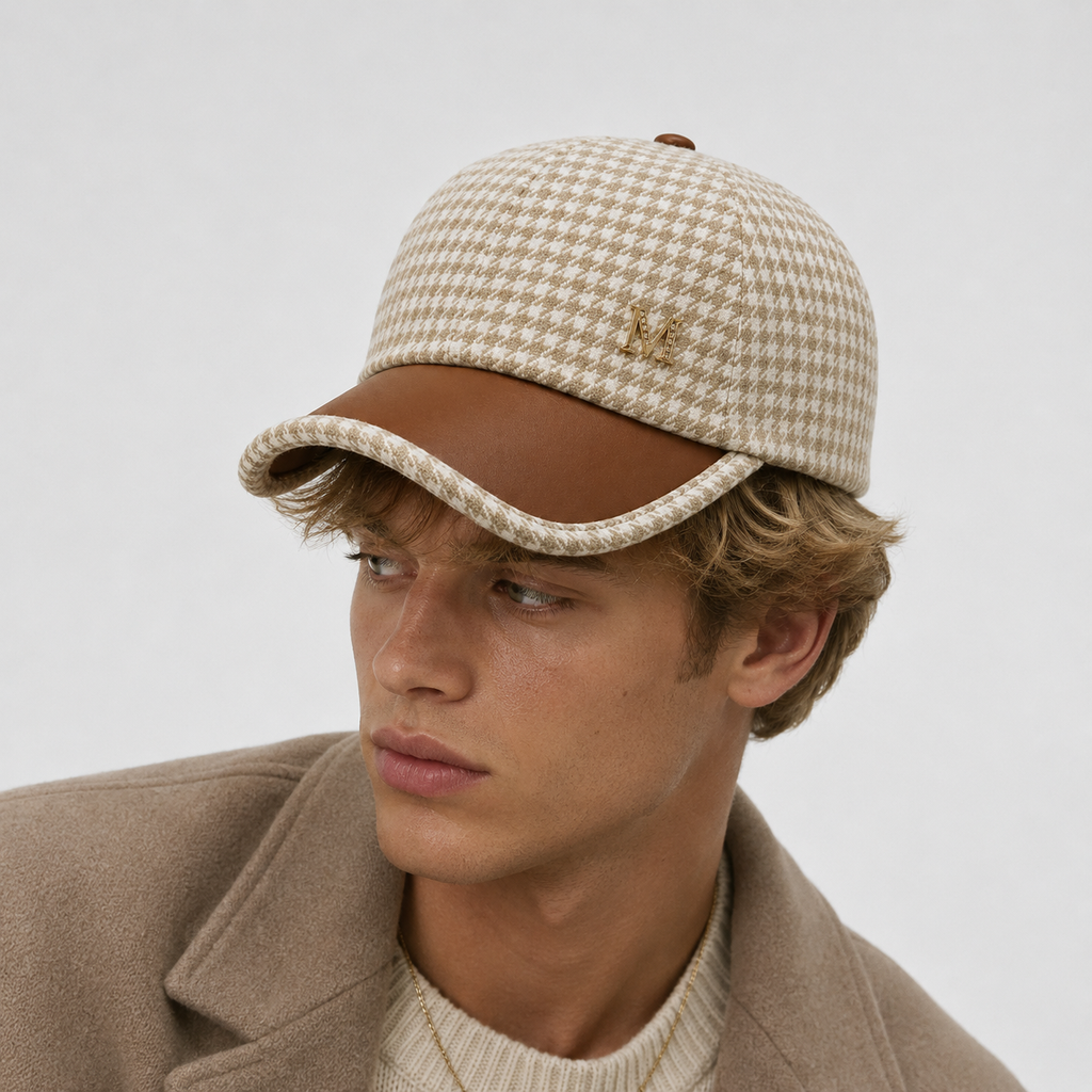 Casquette Pied-de-Poule Beige Élégante