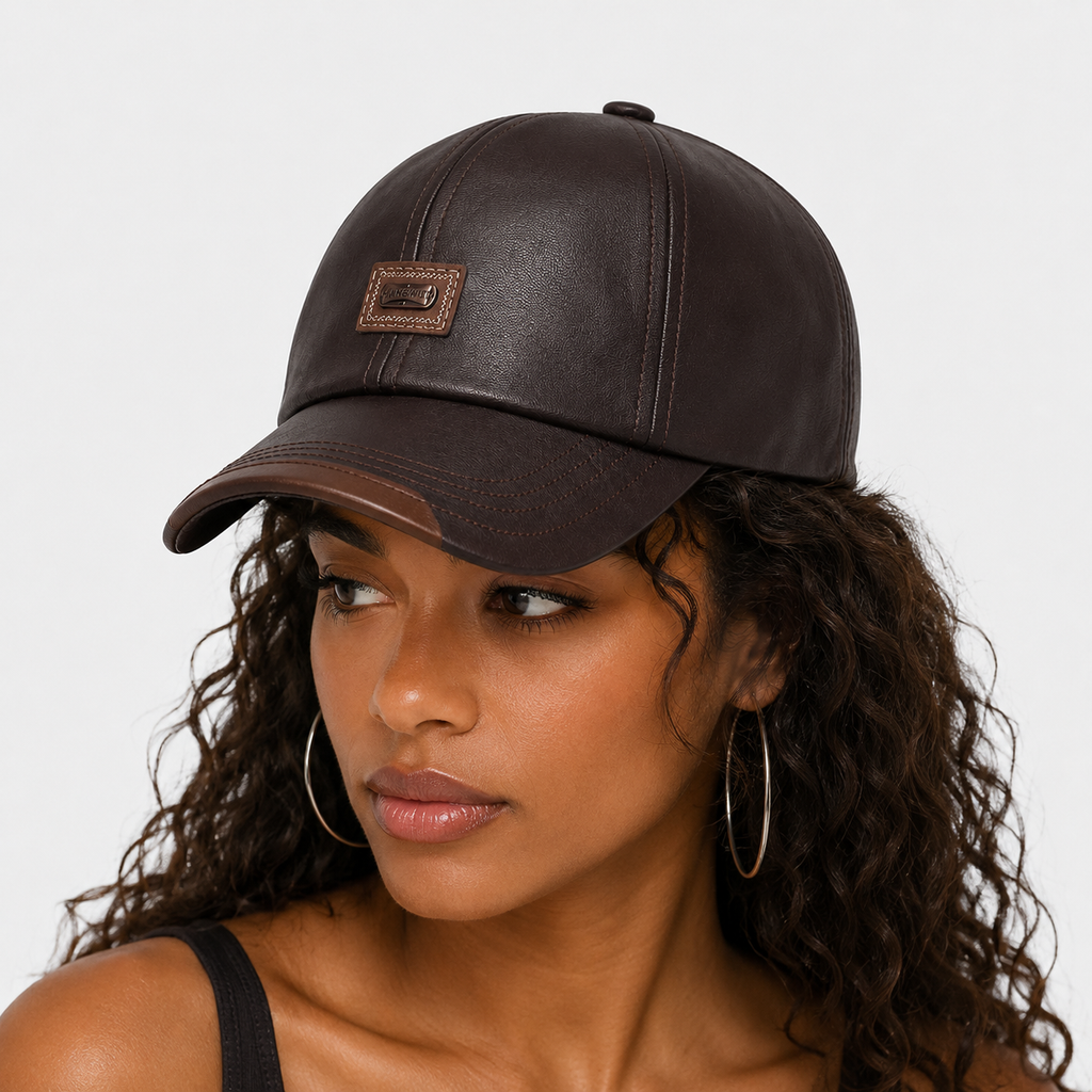 Casquette de baseball réglable en similicuir marron foncé à écusson