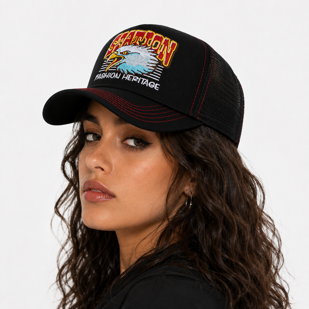 Couvre-Chef Coton Trucker En Maille Motif Aigle Brodé