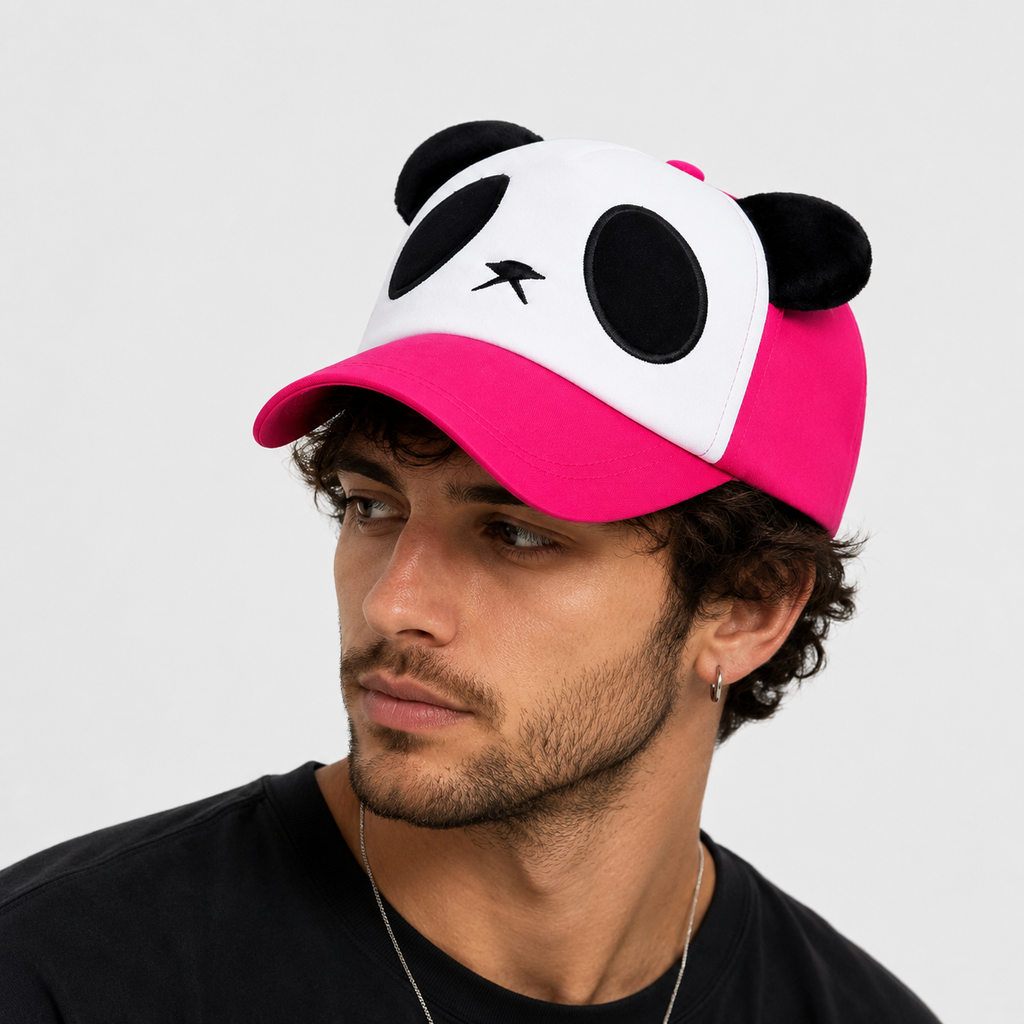 Couvre-Chef Panda Rose Blanc Et Noir