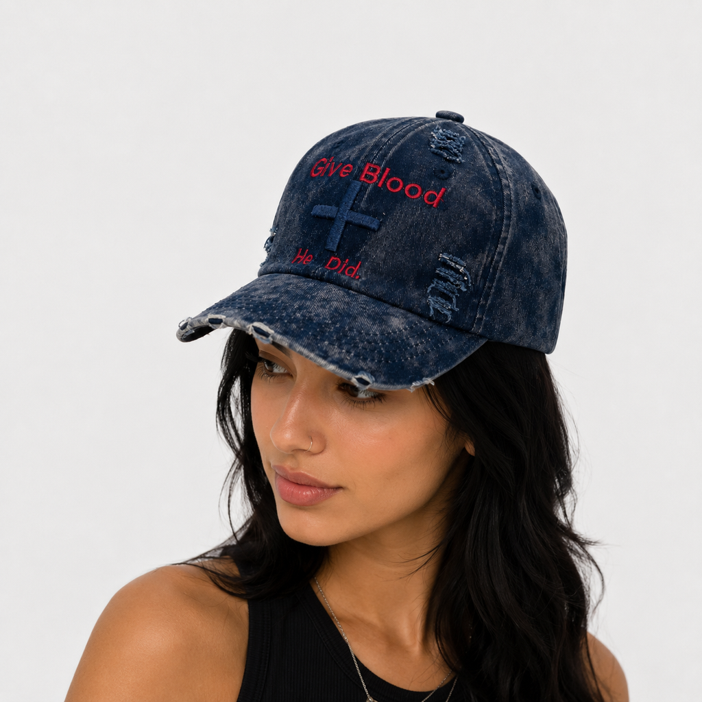 Couvre-Chef Bleu Marine Délavé Broderie De Texte