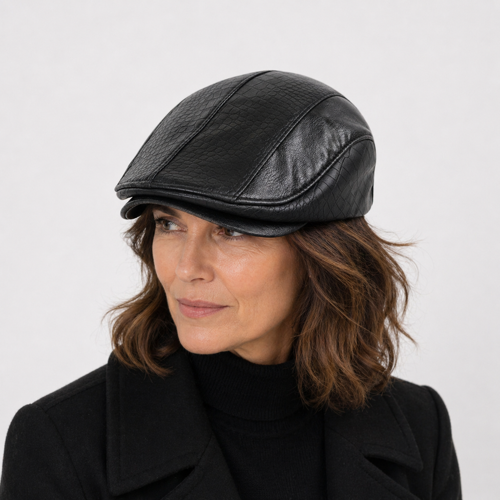 Béret d'hiver en Cuir Noir