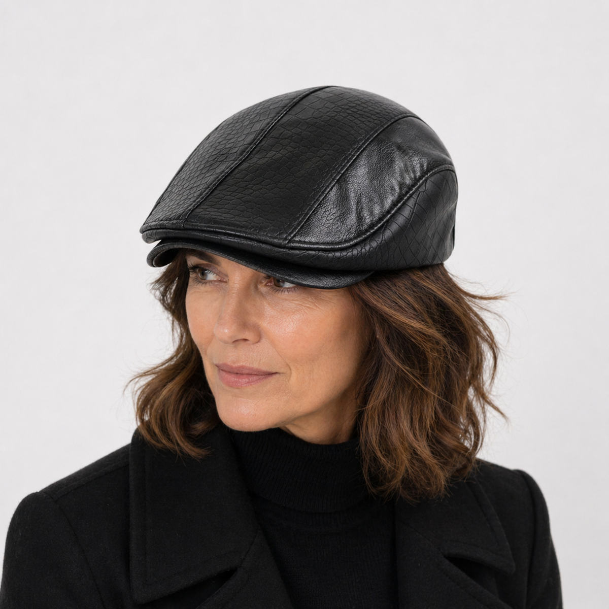 Béret d'hiver en Cuir Noir
