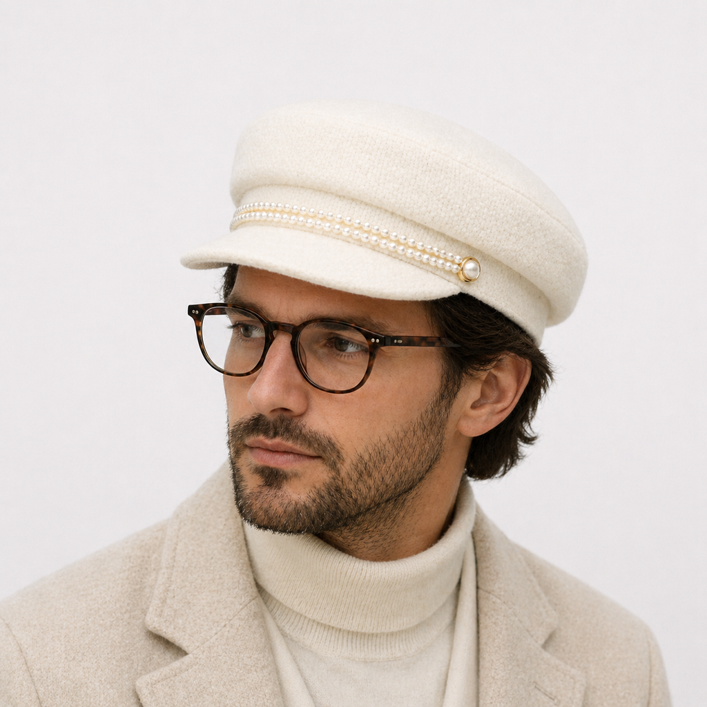 Chapeau octogonal britannique rétro Blanc avec strass