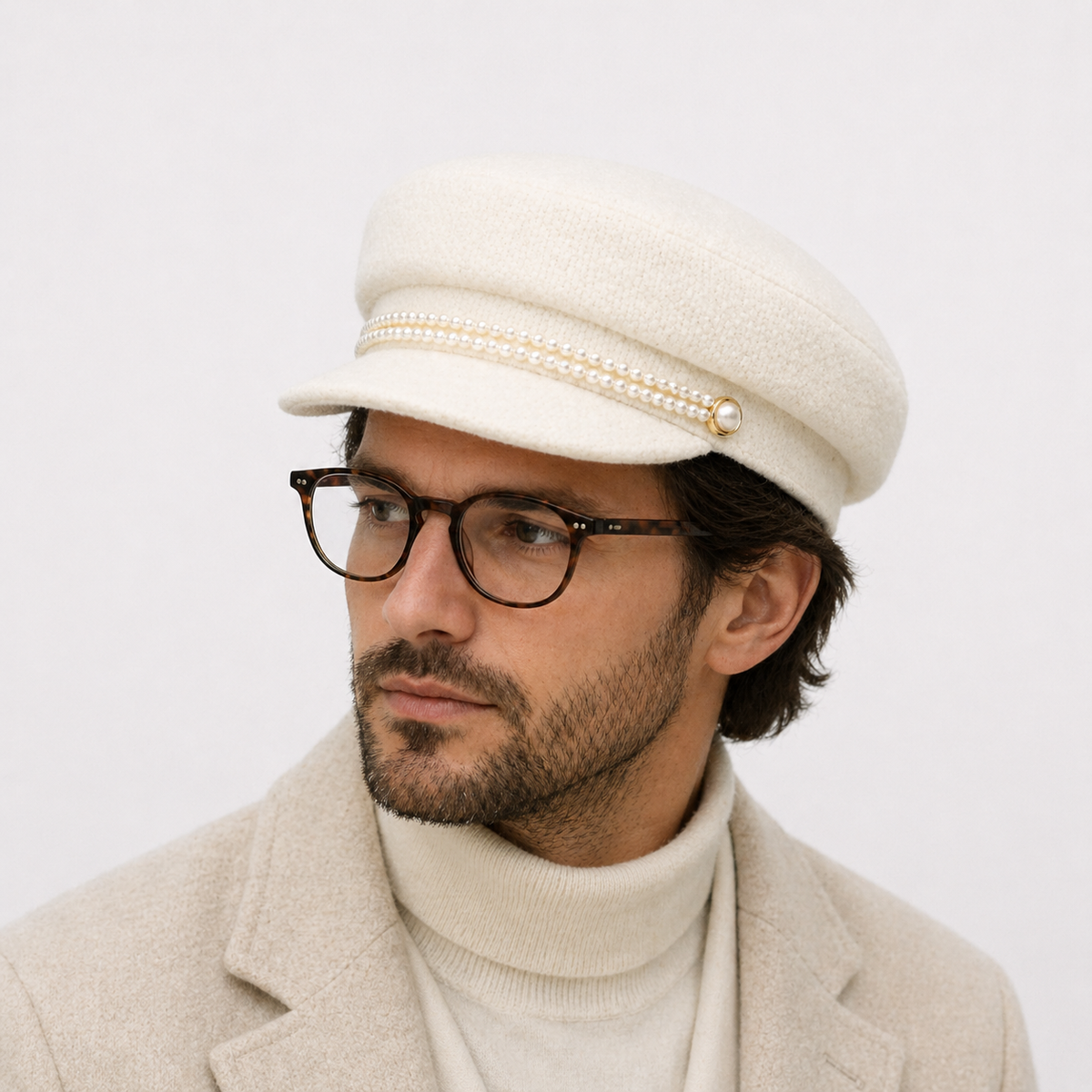 Chapeau octogonal britannique rétro Blanc avec strass