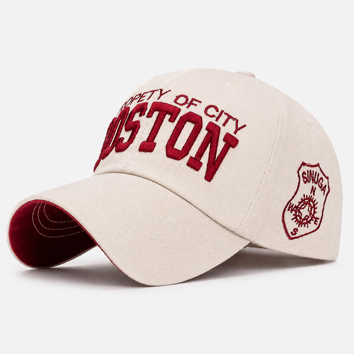 Casquette Boston Beige Broderie Bordeaux Style Casual