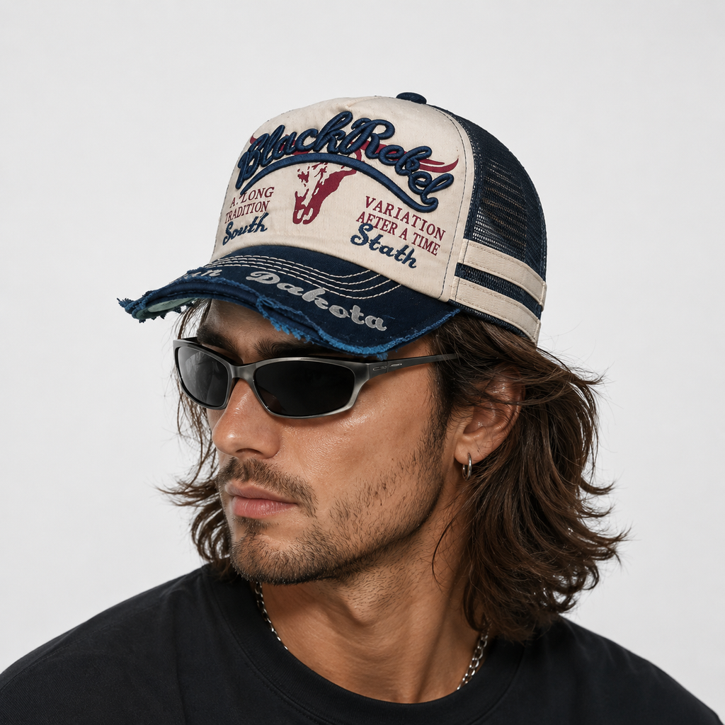 Casquette Trucker Vintage Black Rebel Beige Bleu