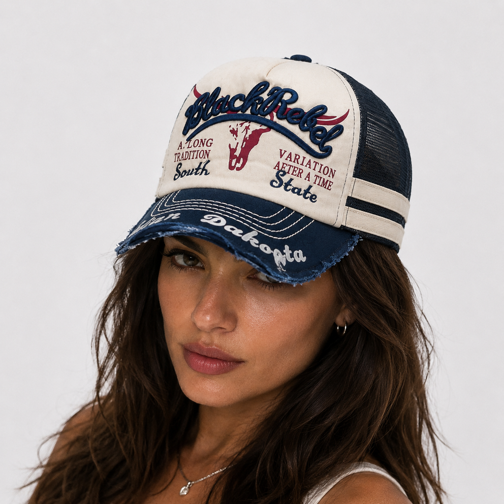 Casquette Trucker Vintage Black Rebel Beige Bleu
