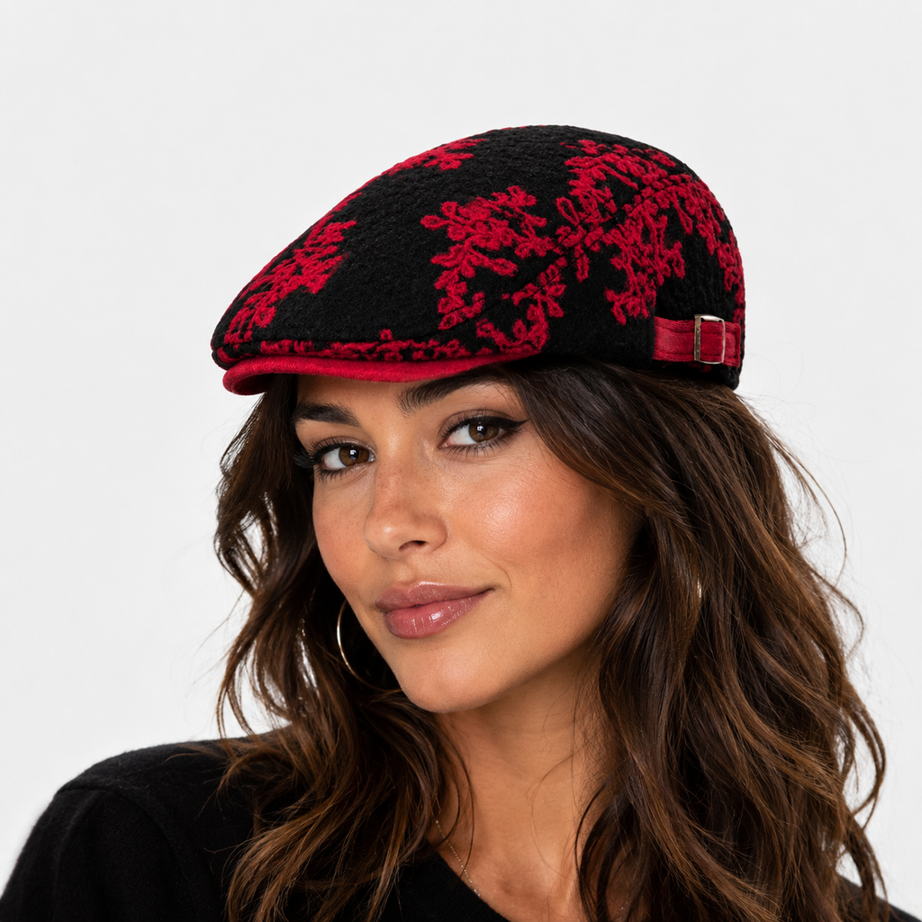 Béret Rouge Hiver Floral Ajustable