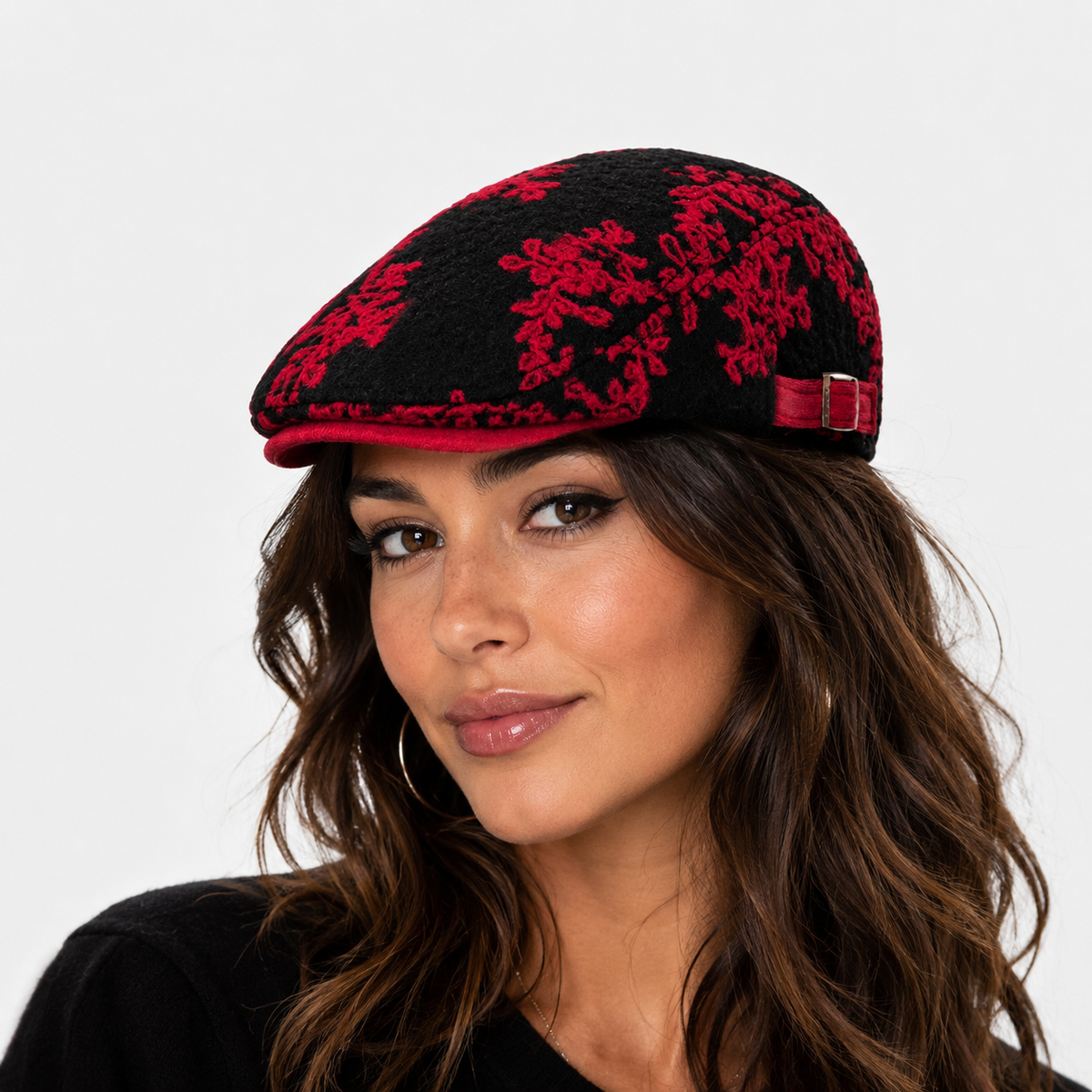 Béret Rouge Hiver Floral Ajustable