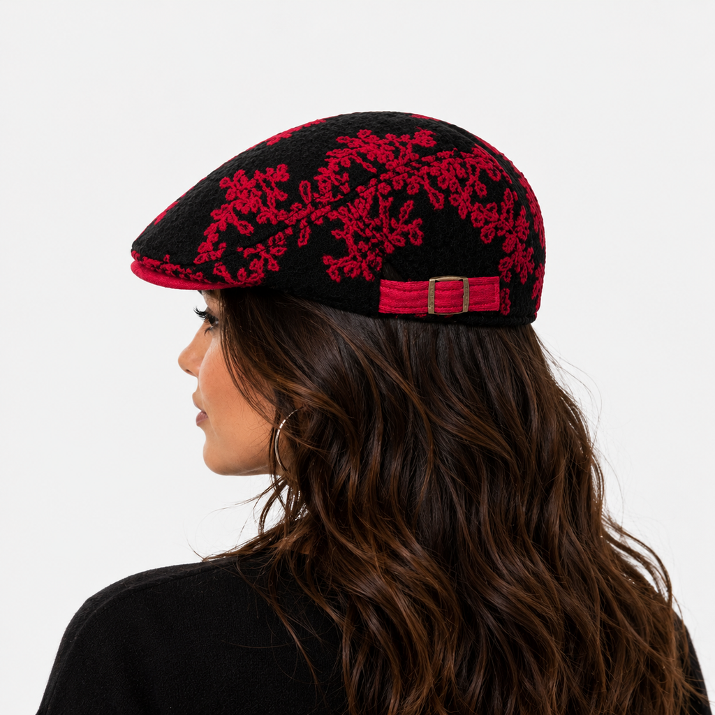 Béret Rouge Hiver Floral Ajustable