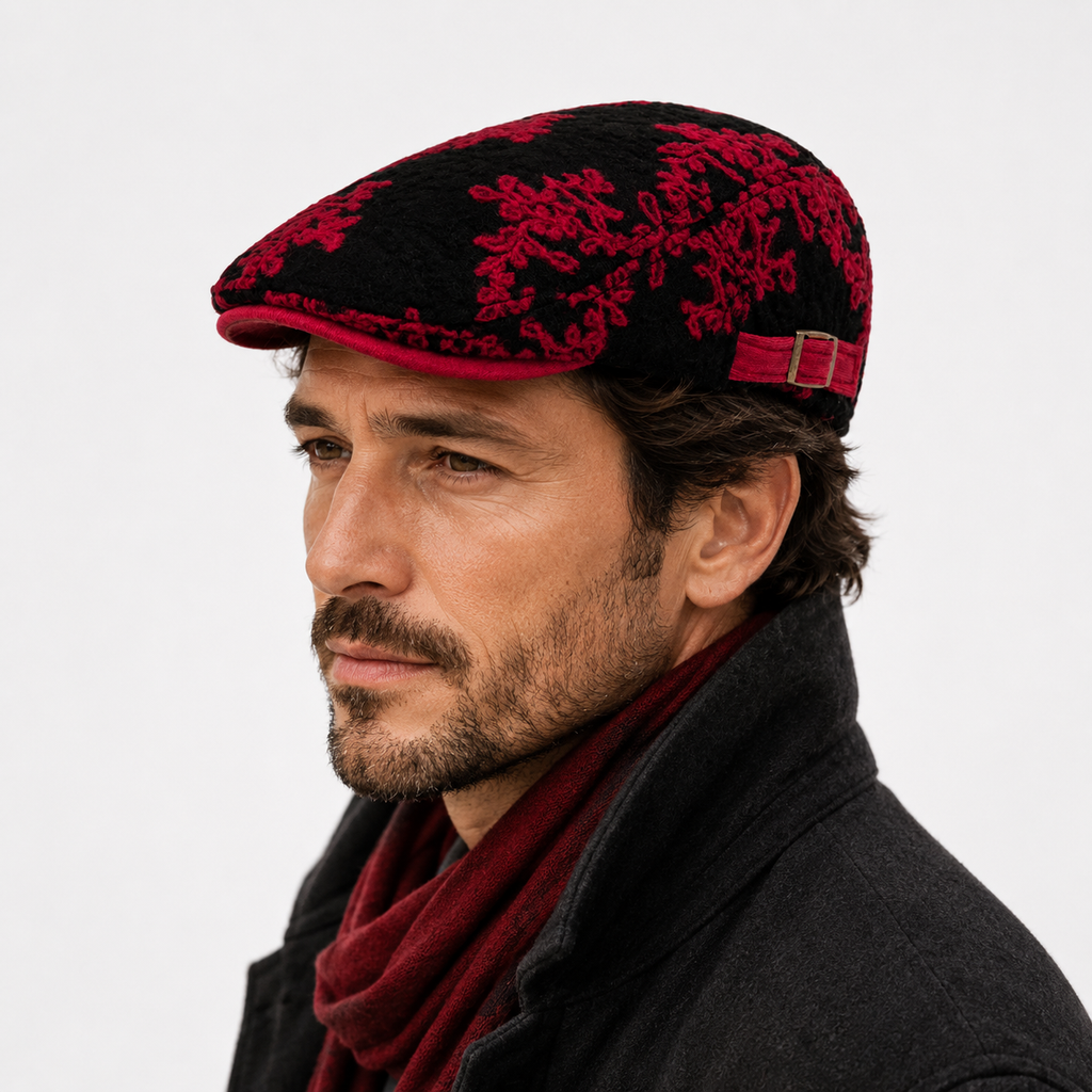 Béret Rouge Hiver Floral Ajustable