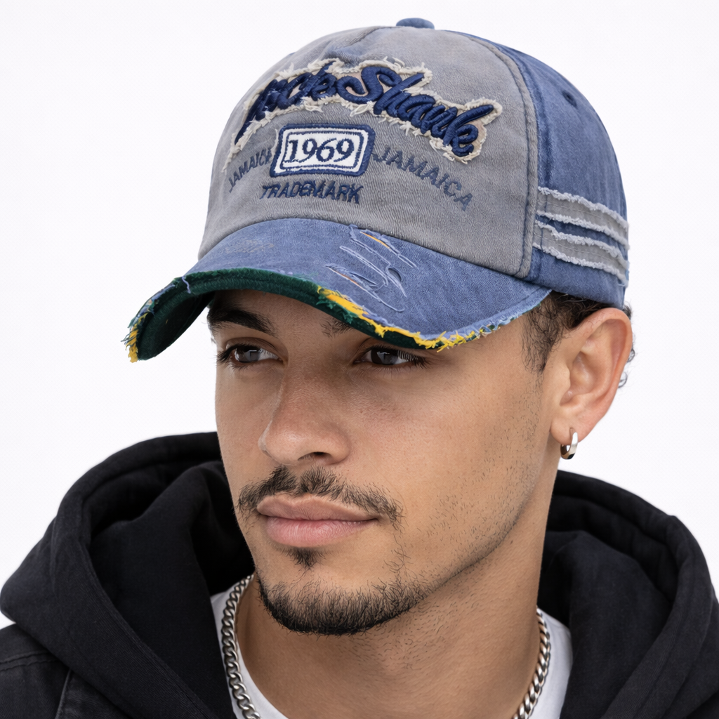 Casquette Snapback Déchiré bleu jean 1969 Vintage en Cotton