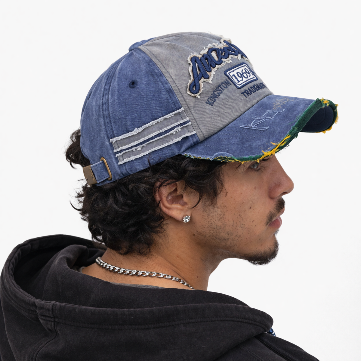 Casquette Snapback Déchiré bleu jean 1969 Vintage en Cotton